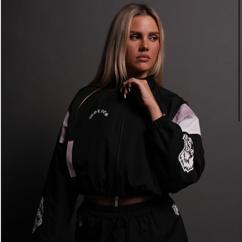 DEATH BECOMES HER NADIA TRACK JACKET IN BLACK/PURPLE SMOKE/WHITE